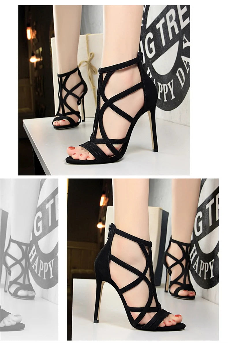 Women Roman style Thin High Heels Pumps Pointed Toe Suede Hollow Strap Party Shoes Solid Solid Ankle Zip Summer Sandals