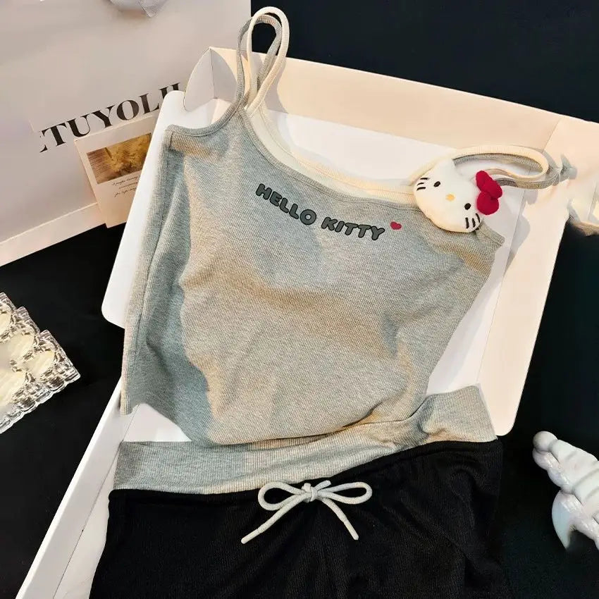 Cute Hello Kitty fake two-piece suspender shorts pajamas women's summer casual loungewear two-piece set can be worn outside