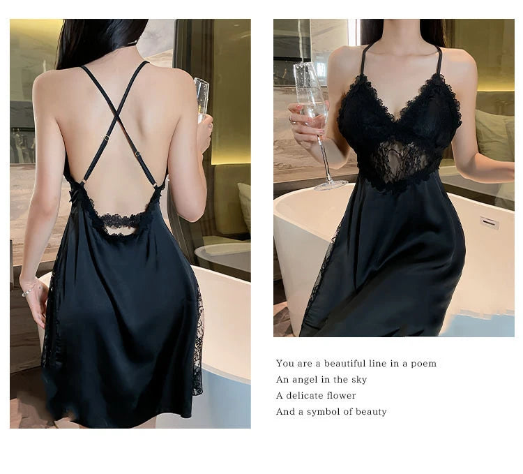 2025 new sexy camisole nightgown women's lace home sleepwear satin deep V backless luxury camisole sleepwear plus size red black