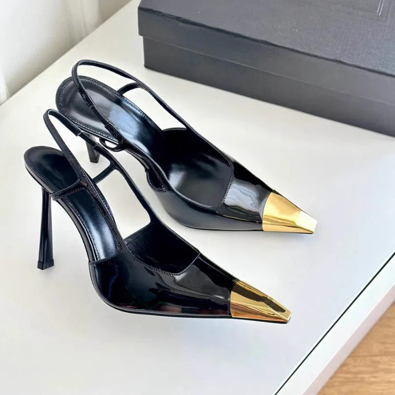 New Summer Women's High-heeled Sandals Gold Iron Head Patent Leather Black Stiletto Square Head Closed Toe Sling Back Shoes