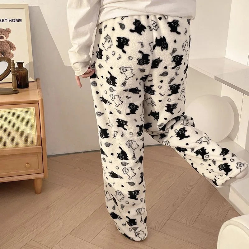 Black Cat Cartoon Pajamas Pants Kawaii Christmas PJS Korean Women Winter Warm Fluffy Flannel Sleepwear Girls Cute PJ Pants