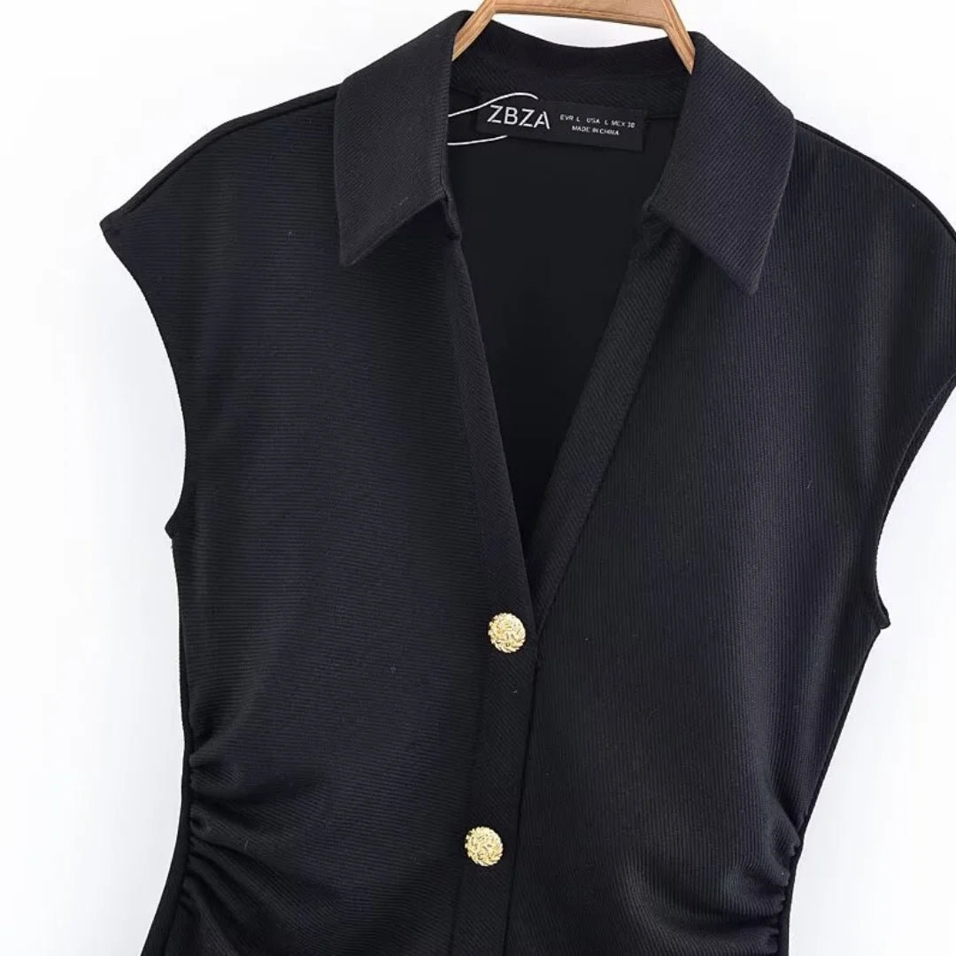 BSAY Dress for Women Fashion Summer New Fold Sleeveless V-neck Single Breasted Midi Dresses French Chic Female Evening Clothing