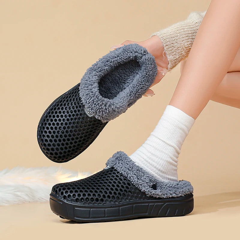 Winter Couple Fuzzy Slippers Women Men, Warm Fur Lined Mule House Shoes for Indoor Outdoor Cozy Comfortable Non-Slip Soft Slippe