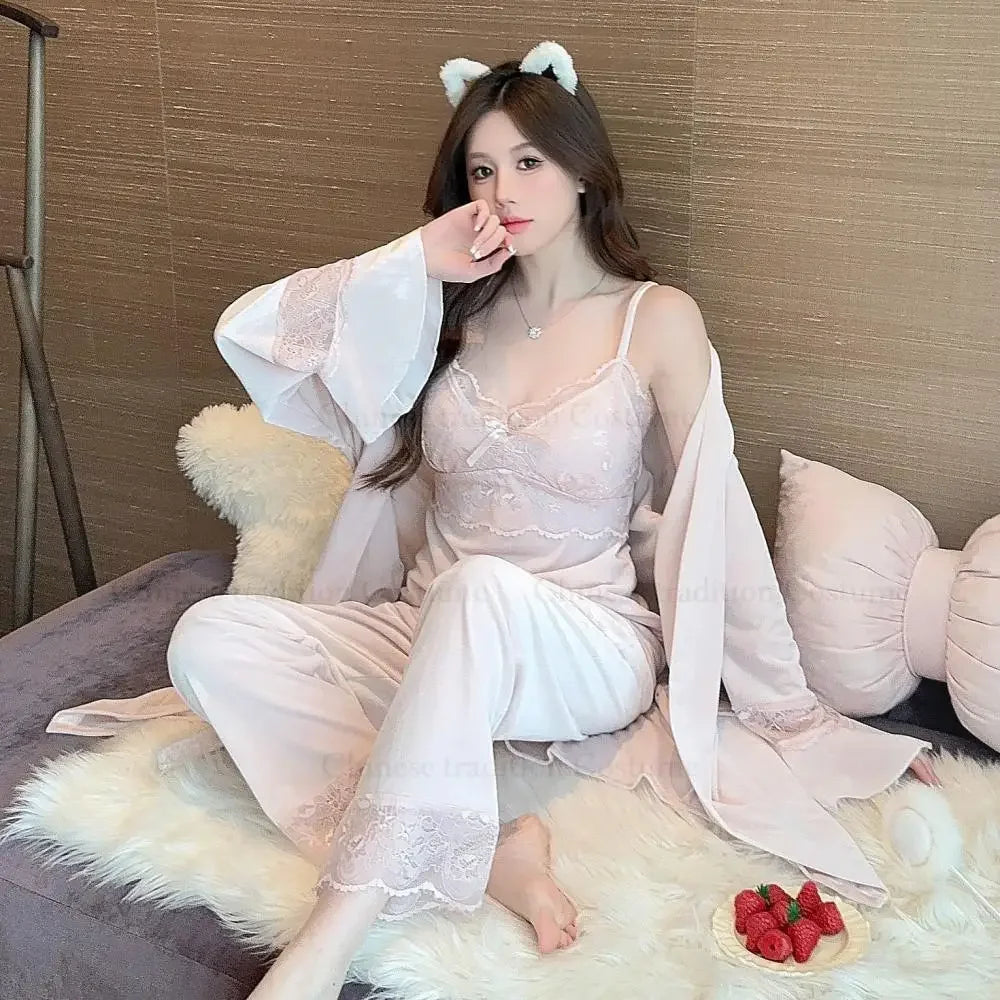 Warm Home Clothes Lady Sexy Lace Flower Trim Nightwear 3Pcs Velour Pajamas Set Luxury Velvet Cami Top&pants Loungewear Winter