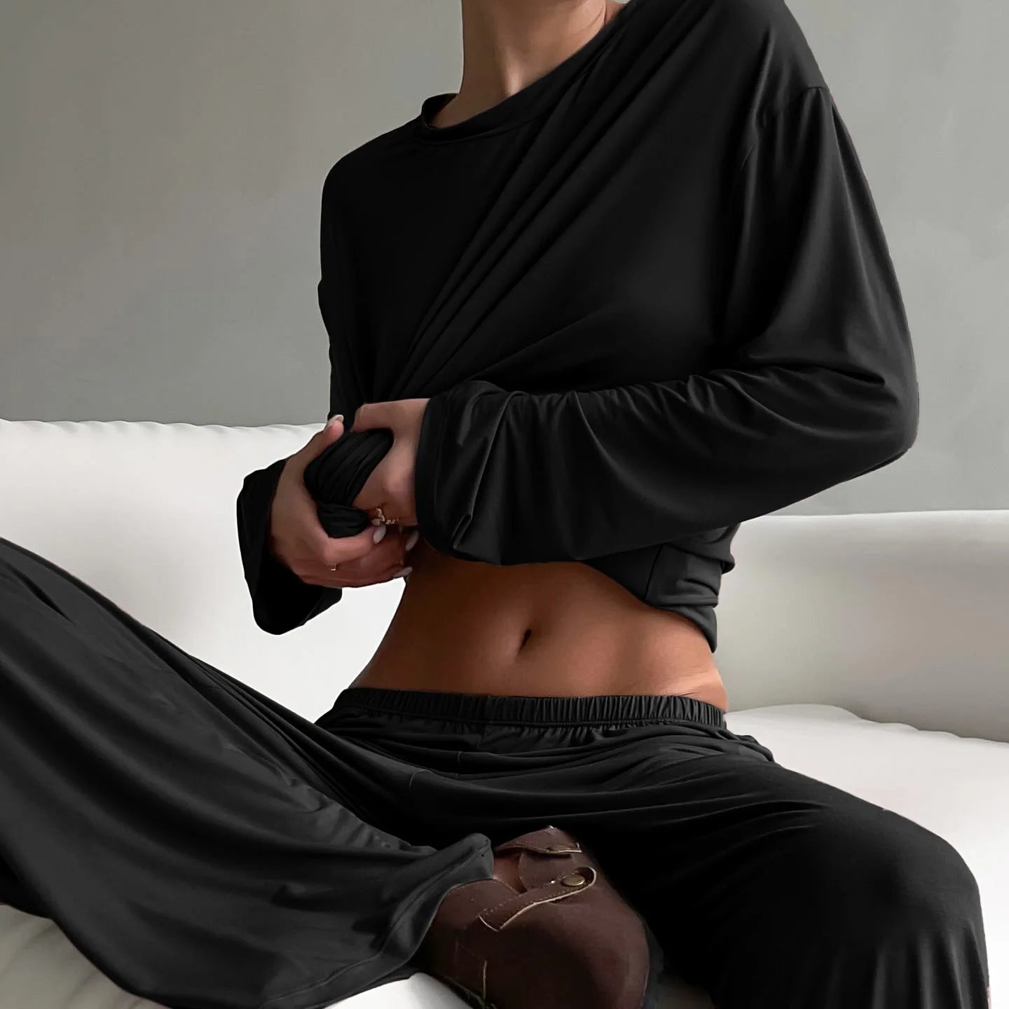 New 2026 Brown Loose Female Sleepwear Suit O-Neck Nightgowns Long Sleeve Nightwear Wide Leg Pants Women's Pajamas 2 Piece Set