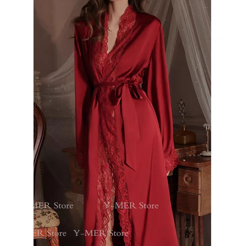 Wedding Bridal Bathrobe Big Lace Flower Nightie Wear Women Satin Kimono Long Loose Peignior Spring Autumn New Intimate Lingerie