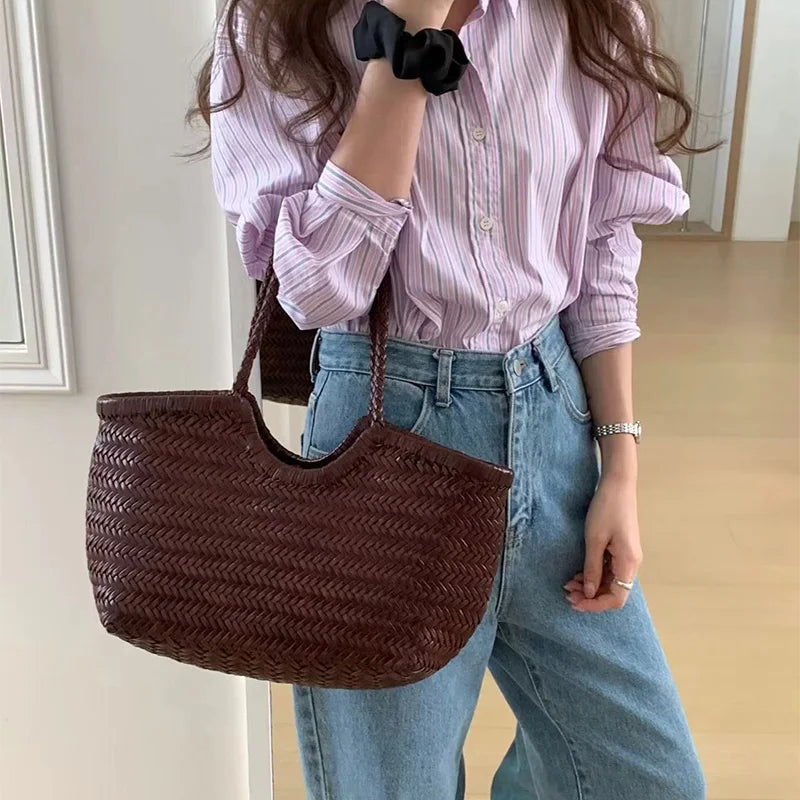 French Hand-woven Women's Tote Bag Large Vegetable Basket Bag With Casual Shopping Woven Inside Bag Shoulder Underarm Tote Bag