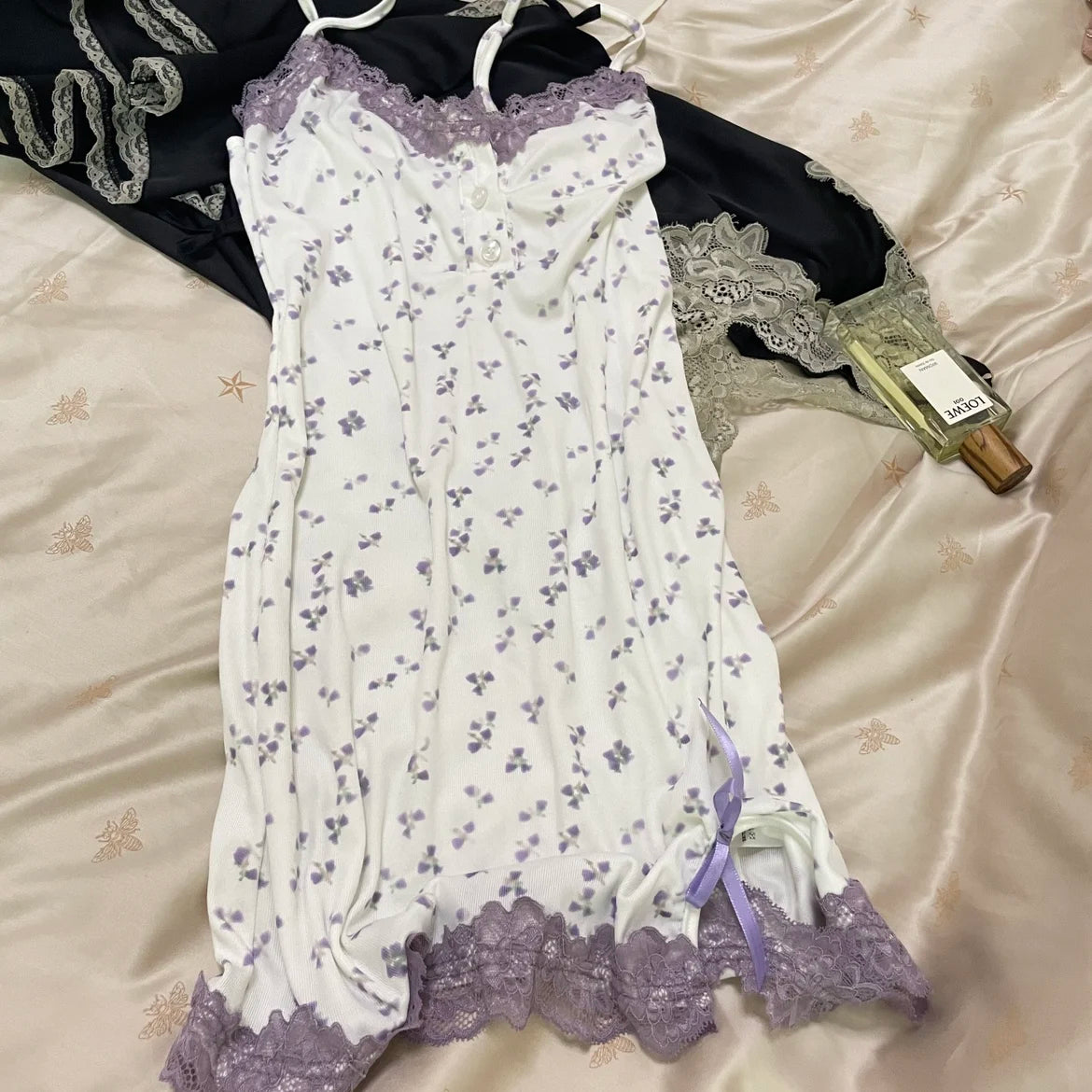 Sexy Floral Nightgowns Women Lace Patchwork Korean Romantic Sleepwear Spaghetti Strap Y2k Bodycon Comfortable Trendy Daily Ins