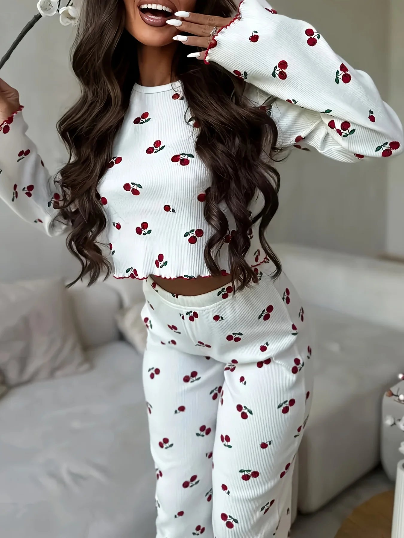Autumn Winter Pajama Set Women 2pcs Y2K-Style Cherry Print Cuffed-Long-Sleeve Tops and Long Trousers Sleepwear Homewear