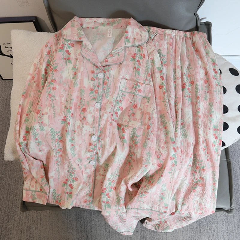 Flower Print Women Autumn Two Piece Pajama Set Long Sleeve V Neck Top & Elastic Waist Pants 2 Pieces Female Sleepwear Nightwear
