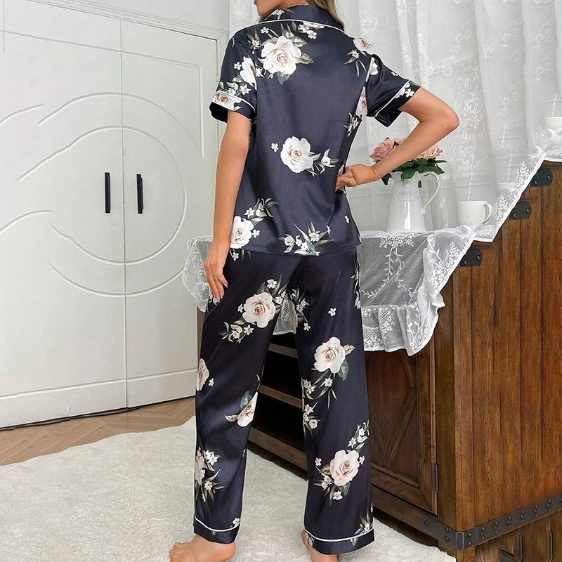 Women's Silk Pajama Set With Floral Print Short-Sleeve Lapel Chest Pocket Top And Long Pant Cozy Sleepwear Elegant Nightwear Pjs
