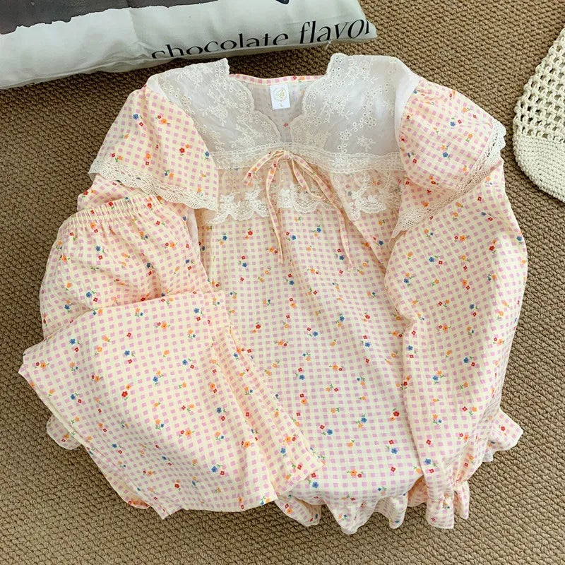 Korean Casual Lace Design Homewear Plus Size 2 Piece Suit Sweet Cute Print V-neck Women's Pajamas Set Autumn Winter New Pajamas