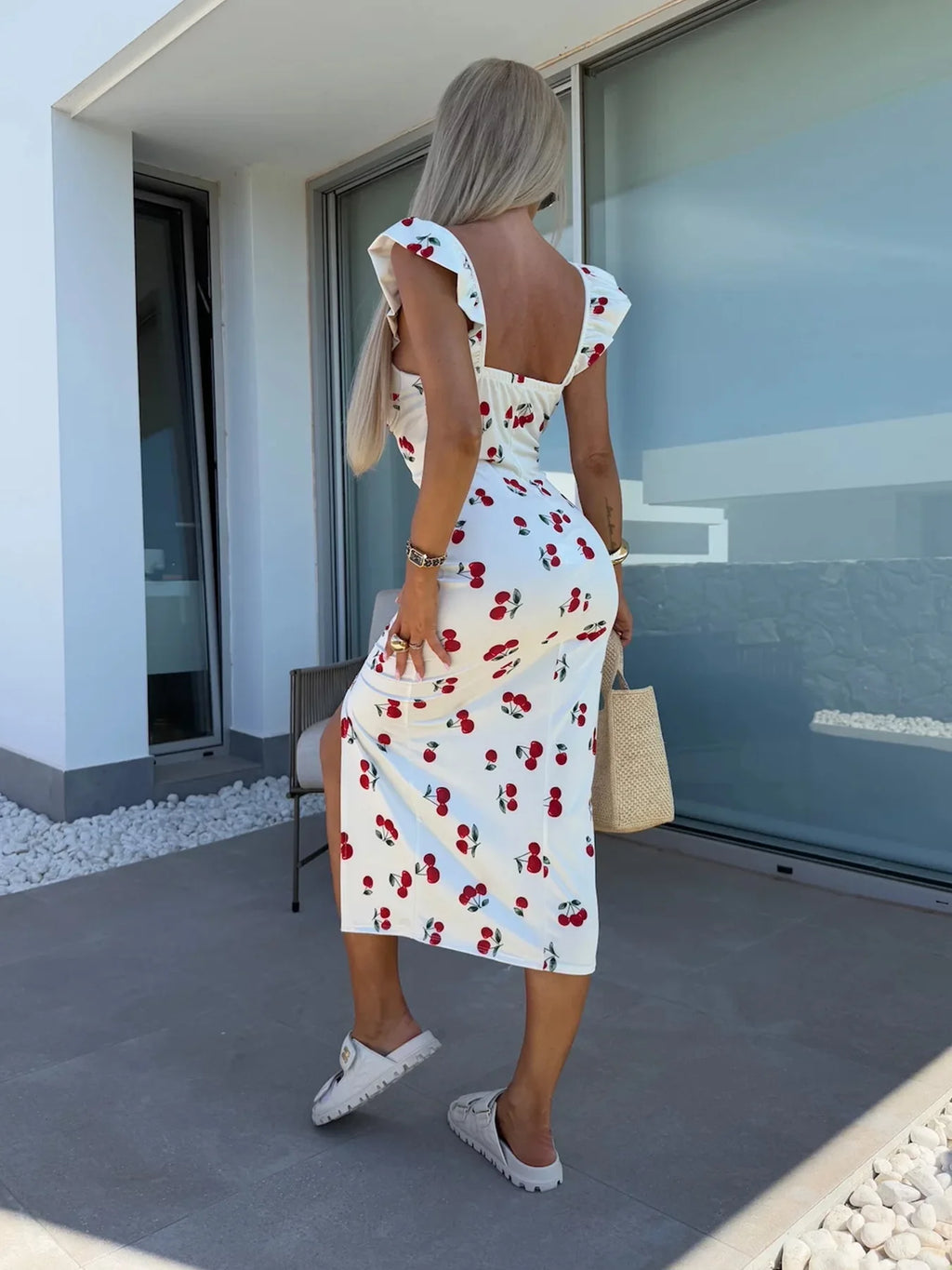 European and American summer new elegant design French flower suspender slit midi-length ladies dress