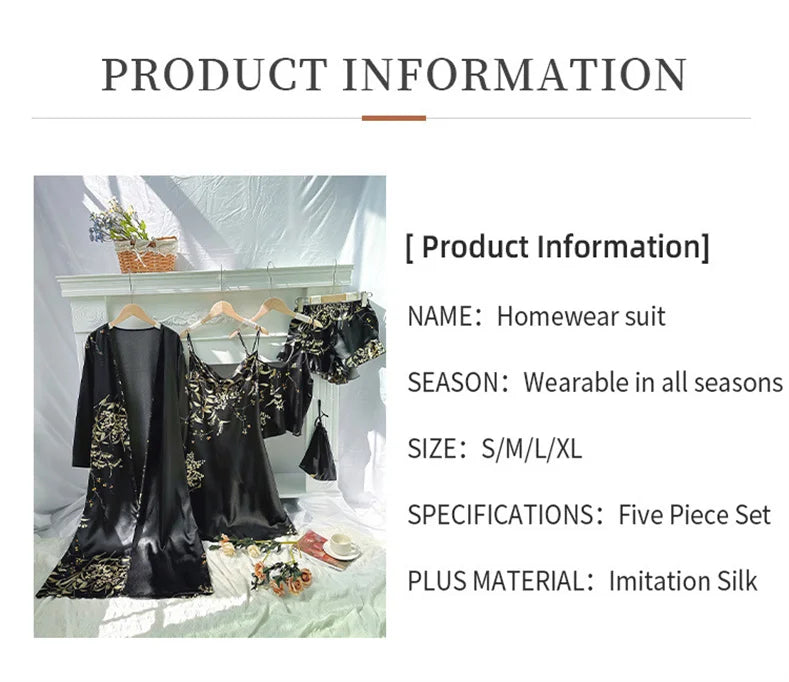 Elegant Print Flower Pajamas 5 Piece Set Women Casual Kimono Bathrobe Gown Sexy Silky Rayon Nightgown Loose Home Clothes