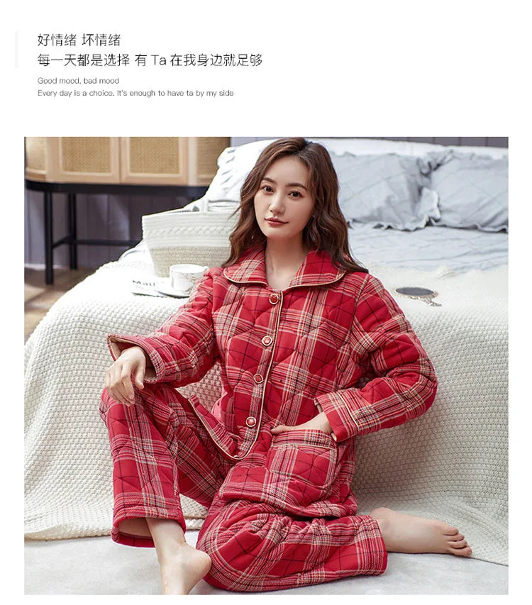 Winter three layer thick keep warm quilted jacket women's pajamas floral pijamas inverno M-XXXL sleepwear