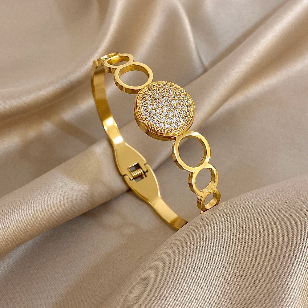 New Stainless Steel Waterproof Cuff Bracelet Bangle For Women Exquisite Shiny Inlaid Zircon Geometric Stacked Jewelry Gifts