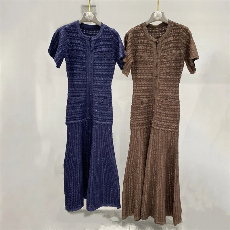 New summer single-breasted round neck knit crochet short-sleeved dress, high-quality and fashionable over-the-knee long skirt
