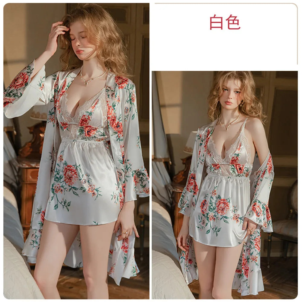 Female Print Floral Robe Nightgown 2PCS Set Elegant Ice Silk Kimono Bathrobe Gown Summer Sleepwear Loose Homewear