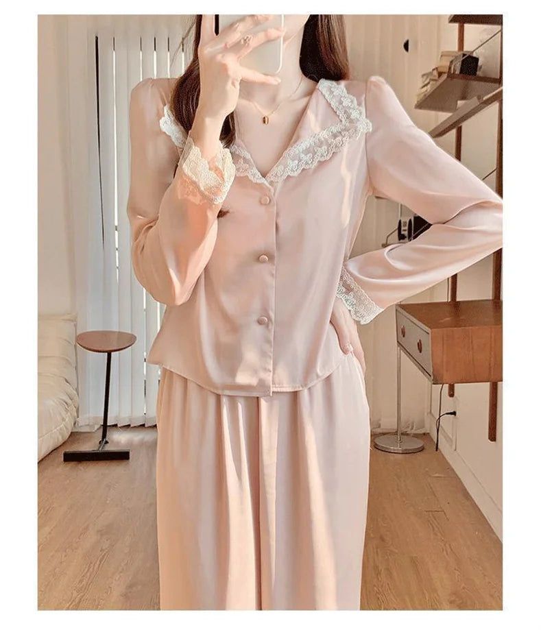 Two Piece Pajamas Set Women Satin Nightwear Home Clothes Spring Autumn Long Sleeve Shirt&pants Sleepwear Suit