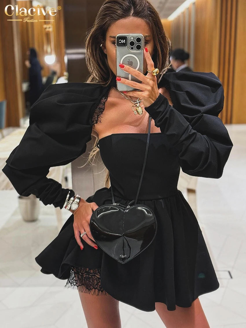 Clacive Sexy Slim Black Women's Dress 2024 Bodycon Stand Collar Long Sleeve Mini Dresses Elegant Lace Spliced Female Dress