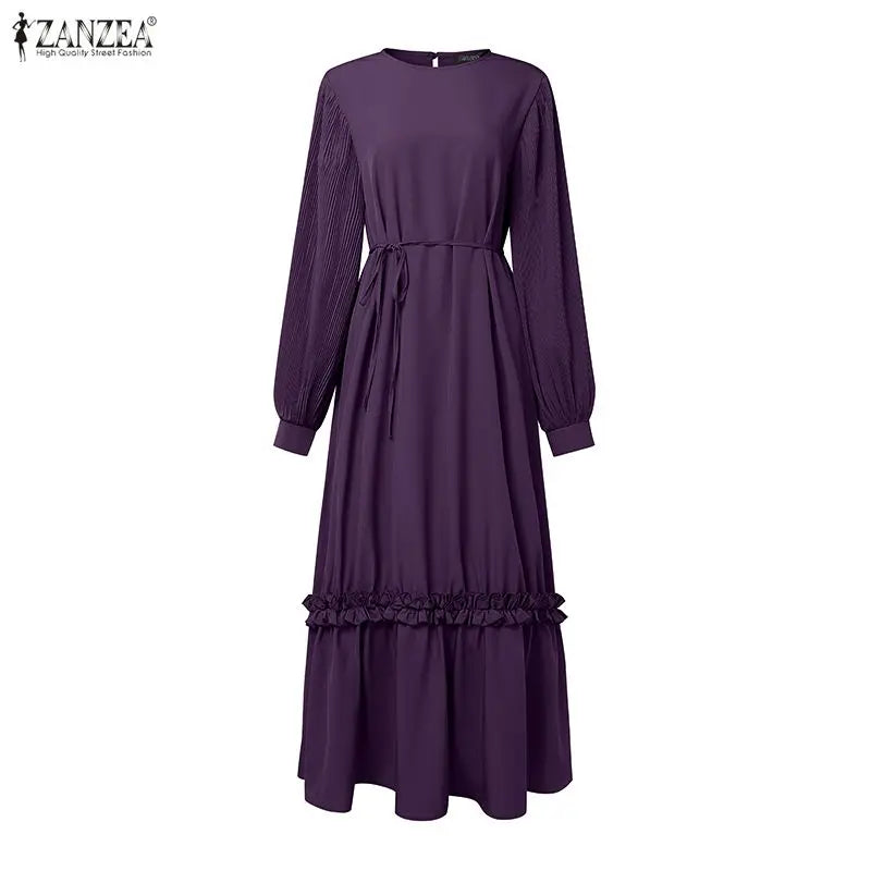 ZANZEA Modest Hijabs Abaya Long Dresses Women Muslim Ramadan O-Neck Pleated Lantern Sleeve Solid Color Ruffles A-Line Robes 3XL