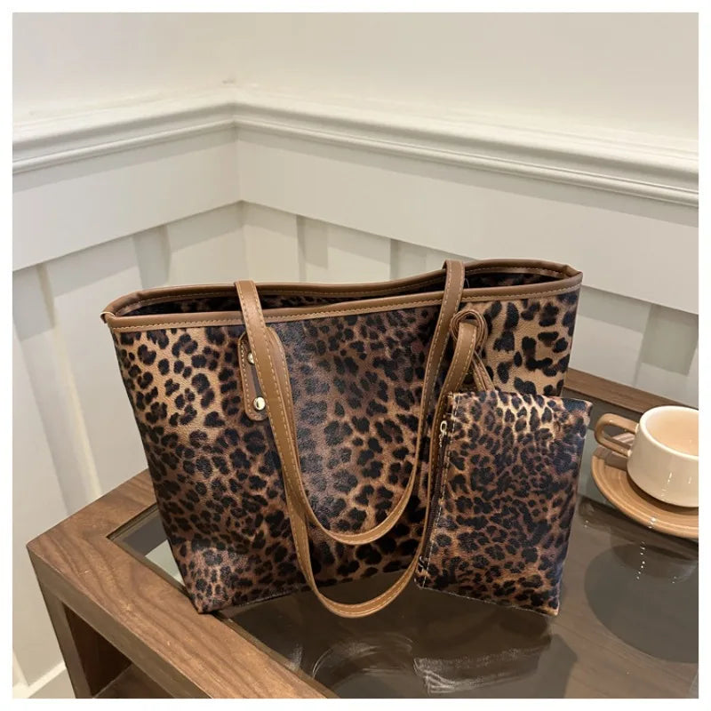 Women's Leopard Print Tote bag Pu Leather Underarm Bags Simple Casual Travel Shopping Bag Large Capacity Mother and Child Packag