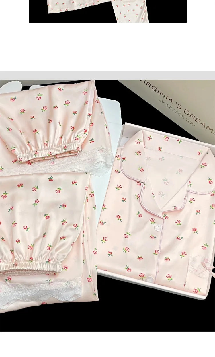 Sweet Floral Ins-Style Ice Silk Pure Desire Girl Pajamas Short-Sleeve Three-Piece Set Summer Satin Lace-Trimmed Loungewear