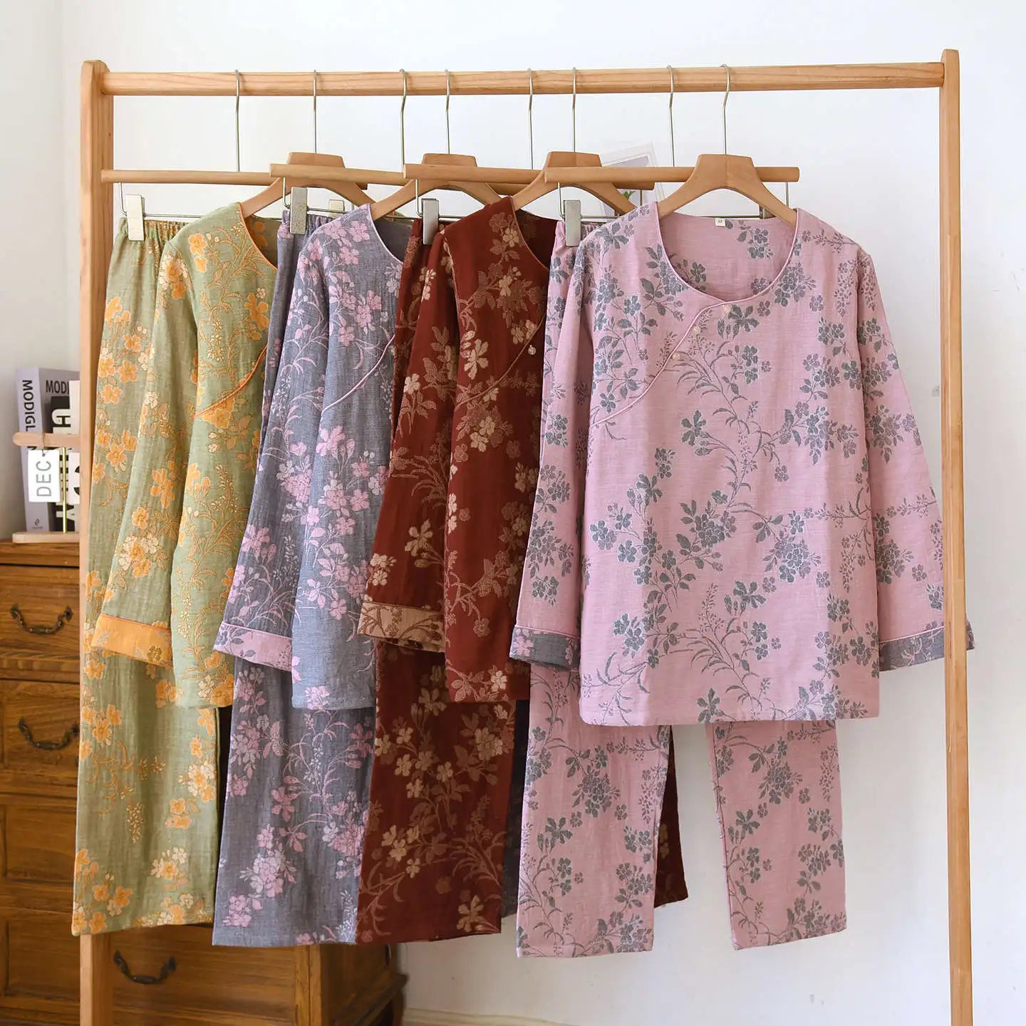 Round Neck Plum Blossom Printing Cotton Color Woven Homewear Women's Pajamas Set National Style Long Sleeve Long Trousers