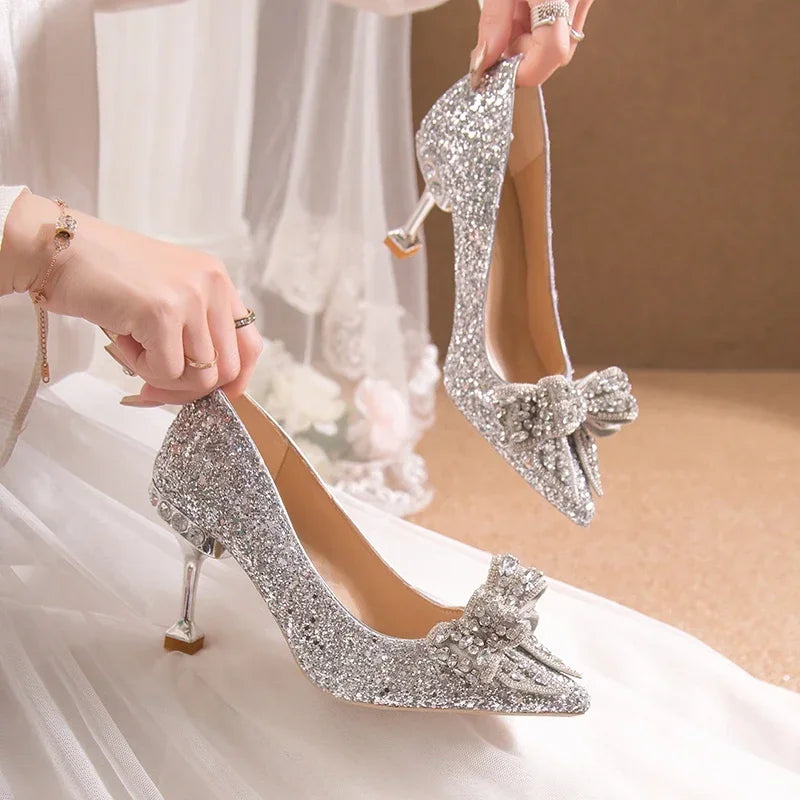 New  Women's Rhinestone Wedding Shoes Year Shoes Luxury Buckle Decorative Banquet Women's Shoes High Heels Gold Silver Red