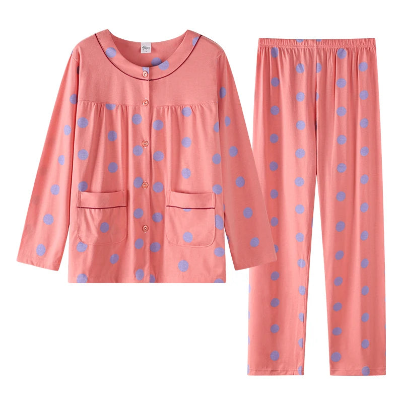 Women Small Flower Pajamas Set Big Yards Pijamas Mujer Autumn Sweet Cute Princess Long Sleeve Cardigan O-Neck Nightwear Homewear