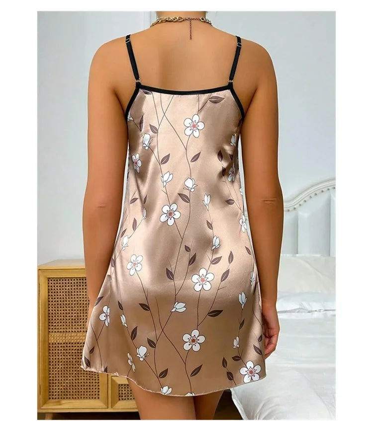 Ladies Sexy Sling Nightgown Nightdress Women's Sexy Lingerie Silk Satin Sleepwear Floral Pinting Nightwear Homewear Mini Dress