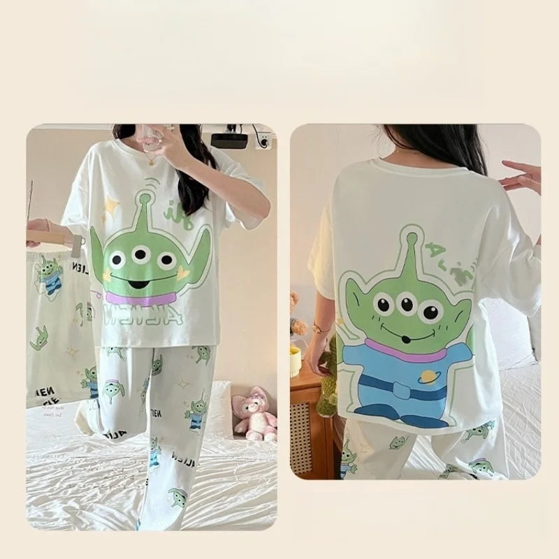 Summer Women's Round Neck Pajama Set Three Piece Short Sleeve+Shorts+Pants Cartoon Home Clothes Set