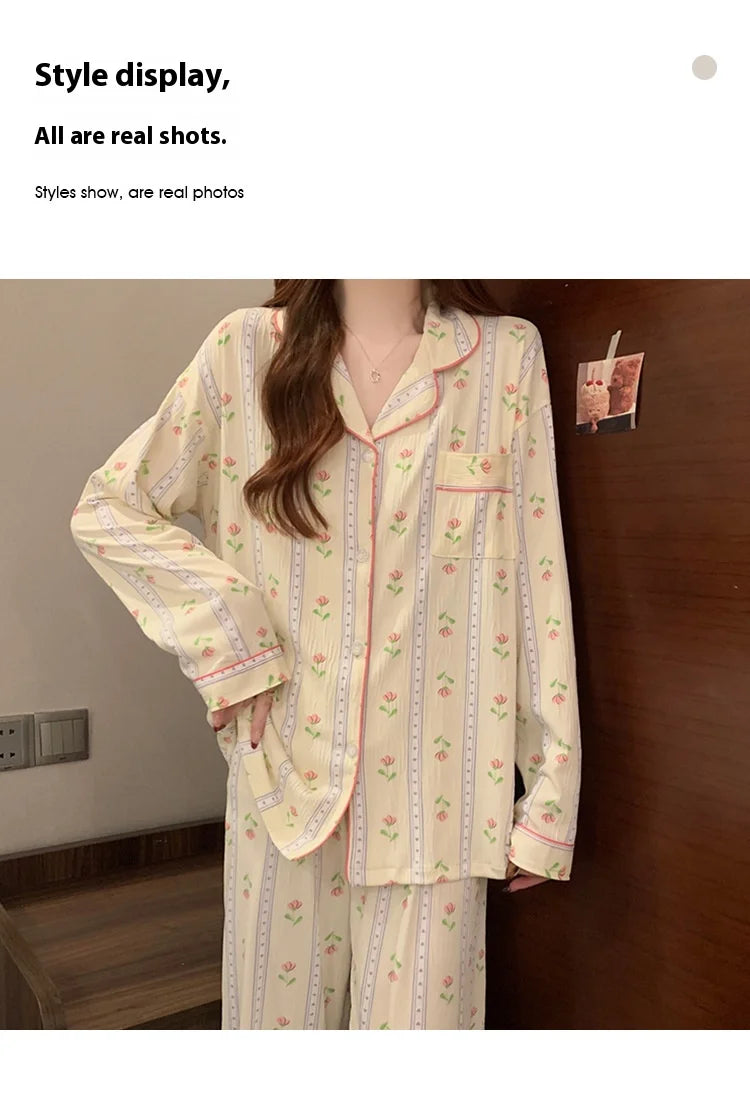 Spring and Autumn New Women's Fresh Flowers Long-Sleeved Pajamas Homewear Suit Leisure Pajamas Thin Section Homewear Pajamas Set