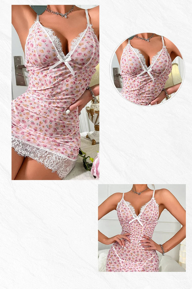 2PCS Women's New Sleepwear Summer Sexy Strap Doll Underwear Set Flower Lace Bordered Bow Tight Dress Sleeping Skirt Hot Selling
