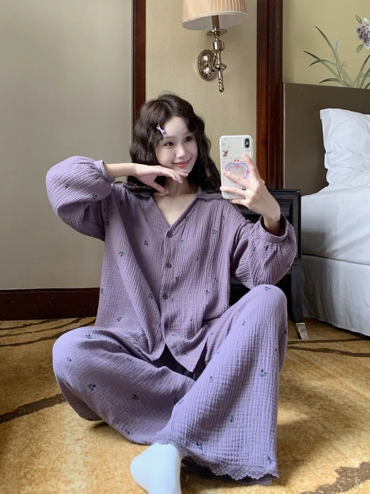 Cute Lapel Sweet Girl's Small Floral Pajama Spring New Elegant Women's Long Sleeved Pant Home Suit Set Comfortable Skin Friendly