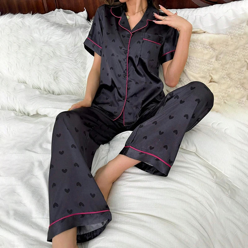 Women Pajamas Sets Spring Short Sleeve Satin Button-Down Top with Pants 2 Piece Pajama Set Sleepwear Pj Set Homewear Loungewear