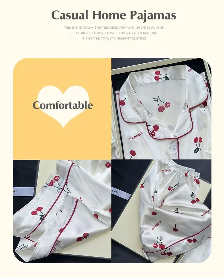 Sexy Women Satin Nightwear Plus Size Short Sleeve Cherry Print Sweet Rayon Sleepwear Top and Pants Shorts Girl Student Pajamas
