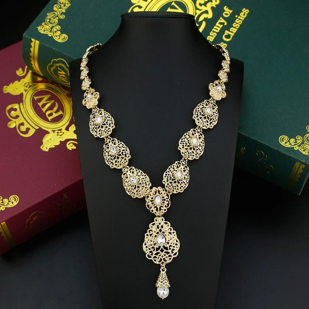 Sunspicems Charm Morocco Choker Necklace For Women Gold Color Droplet Crystal Necklace Hollow Arabesque Bride Wedding Jewelry