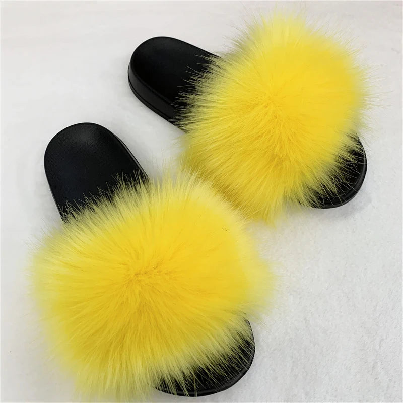 Ladies Fluffy Slippers Summer Women Faux Fur Soft Slides Stylish Open Toe Sandals Outdoor Indoor Furry Comfortable Beach Shoes