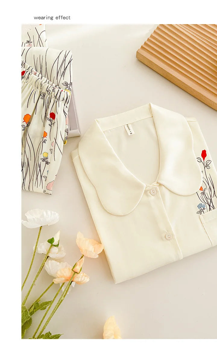 Female 2PCS Pajamas Set Spring Summer Print Flower Sleepwear Long Sleeve Trouser Suits Sweet Loose Satin Home Clothes Loungewear
