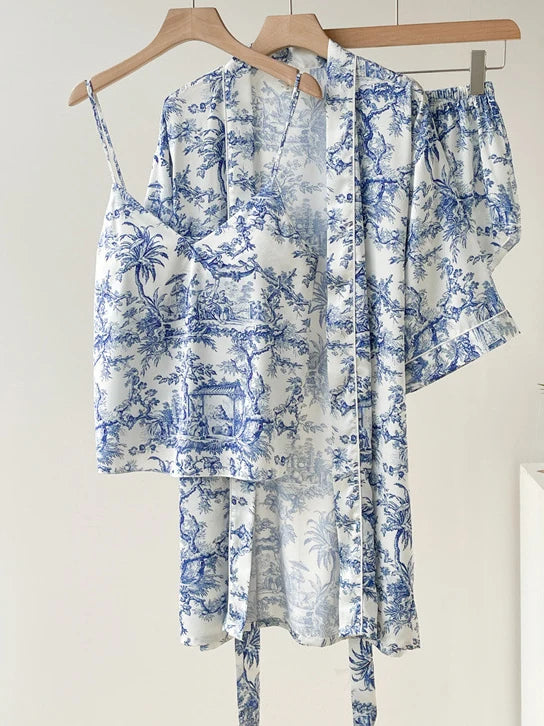 Women Sleepwear 3PCS Pajamas Set Lingerie Print Flower Bath Robe Gown Nightwear Summer Loose Satin Lounge Wear Home Clothes