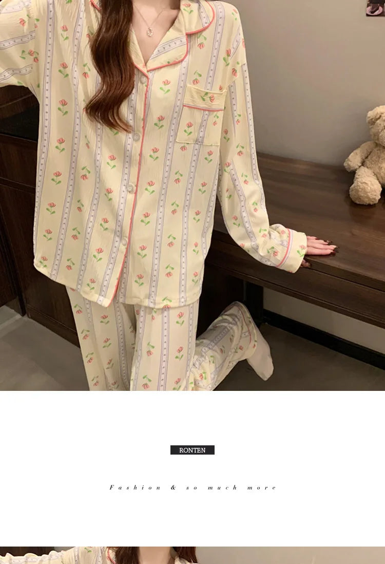Spring and Autumn New Women's Fresh Flowers Long-Sleeved Pajamas Homewear Suit Leisure Pajamas Thin Section Homewear Pajamas Set