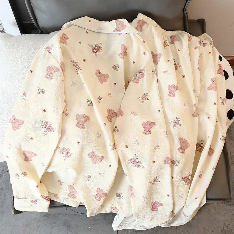 Women's Pajamas Set Y2K Cartoon Bear Flower Print Autumn Pajamas for Women Kawaii New Harajuku Style Casual Homewear Sleepwear