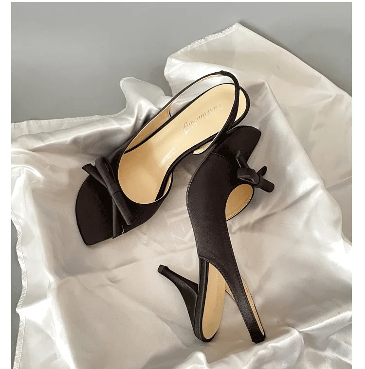 Lilac Purple Women's Fashion Sandals Backless Knot Toe Exposure Silk Satin High Heels Elegant Lady Style Shoes Increased Height