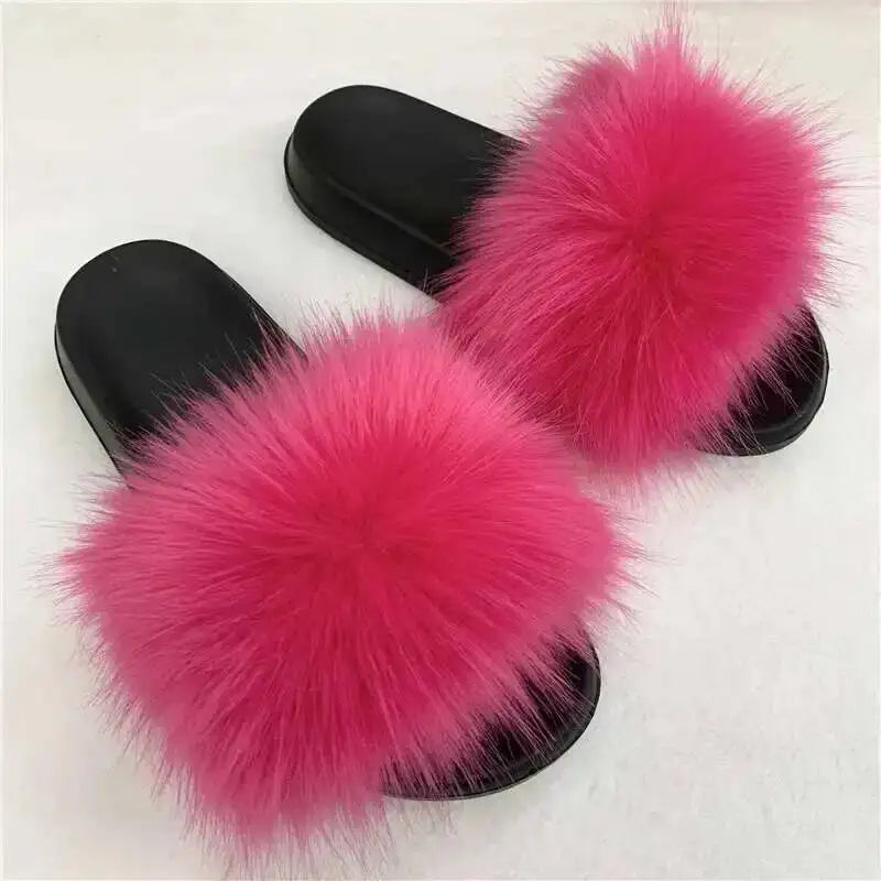 Ladies Fluffy Slippers Summer Women Faux Fur Soft Slides Stylish Open Toe Sandals Outdoor Indoor Furry Comfortable Beach Shoes