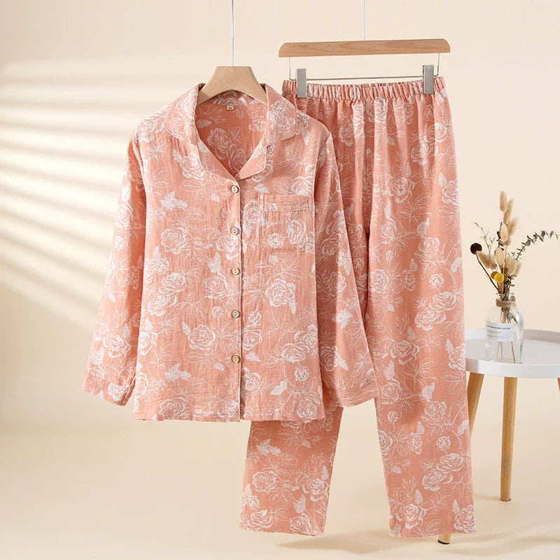 Pure Cotton Pajama Sets Autumn sleepwear Button Down Tops And Trousers Set Floral Nightwear Loungewear Suit Pijama Pyjama