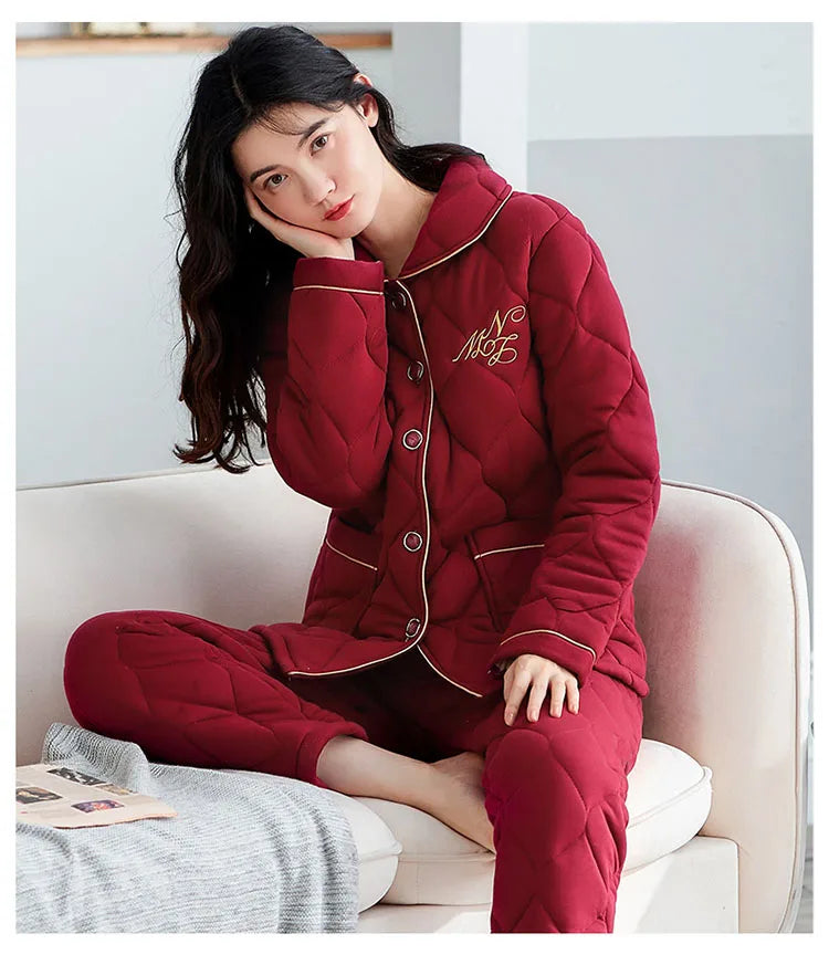 Winter three layer thick keep warm quilted jacket women's pajamas floral pijamas inverno M-XXXL sleepwear