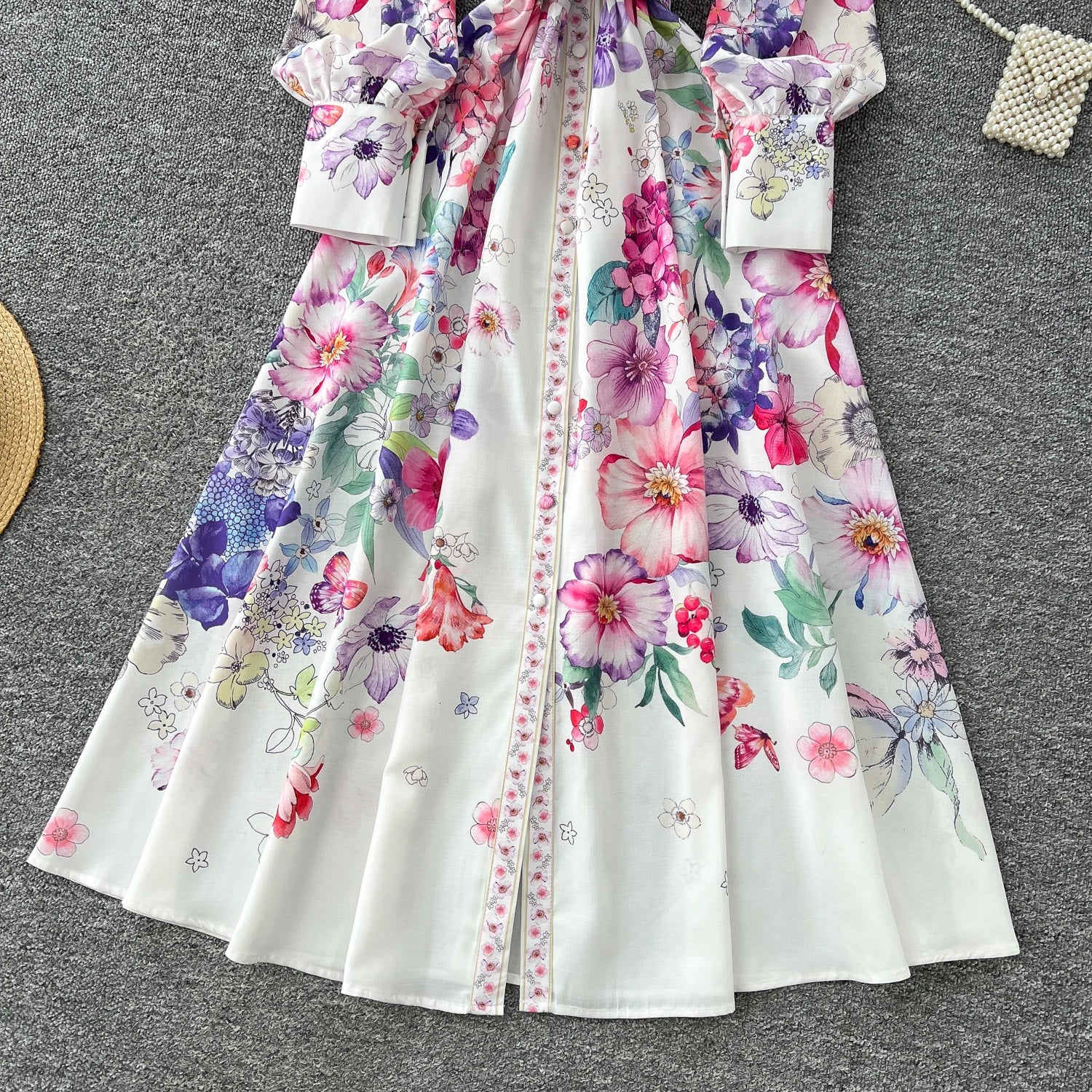 Runway 2025 Spring Summer Floral Print Long Shirt Dress Women's Turtleneck Lantern Sleeve Print Belt Casual Holiday Dress Female
