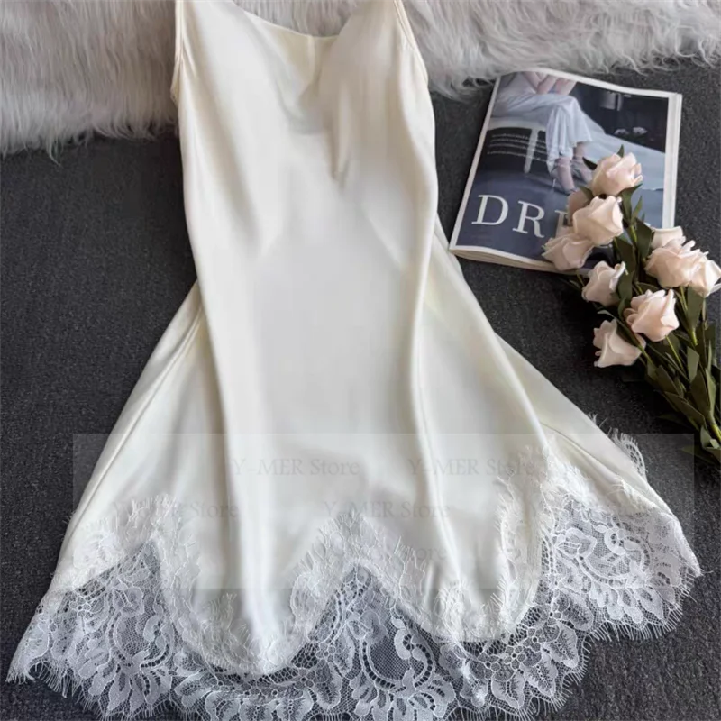 Satin Suspender Skirt Sleepwear Women Nightdress Silky Lace Nightwear Intimate Lingerie Sexy Nightgown Casual Home Dressing Gown
