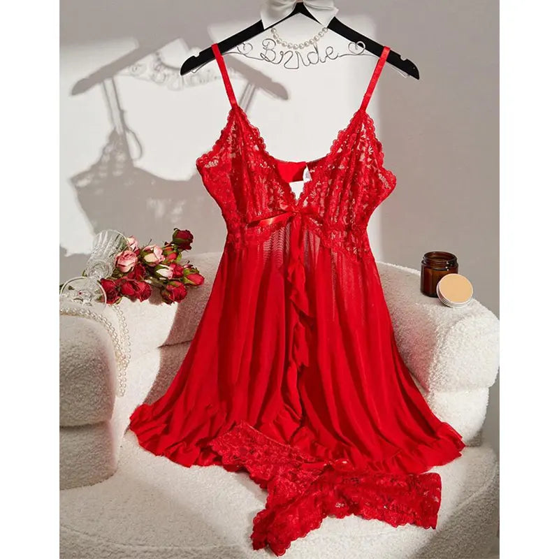 Transparent Ultra-short Dress Sexy Lingerie Lightweight Deep V Sling Nighty Loungewear Women's Pajamas Lace Nightdress Female